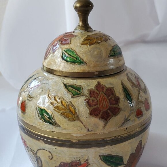 VTG Brass Cloisonné Enamel Lidded Ginger Jar Pot Urn Made in India 6 inches tall - Picture 5 of 13